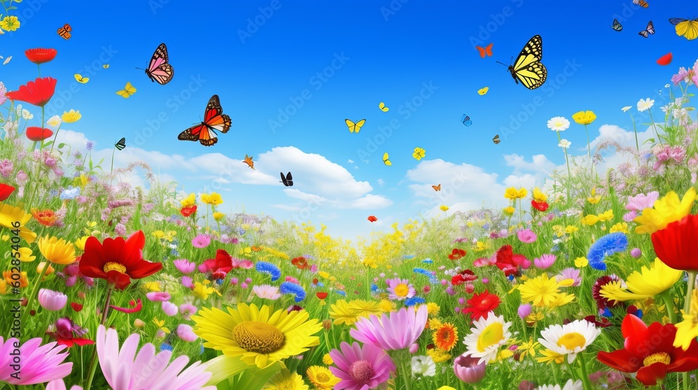 A colorful flower field, a mix of tulips, daisies, and other flowers in various shades, bees and butterflies flying around, a clear blue sky in the background, field of flowers, Generative AI A colorful flower field, a mix of tulips, daisies, and other flowers in various shades, bees and butterflies flying around, a clear blue sky in the background, field of flowers, Generative AI
