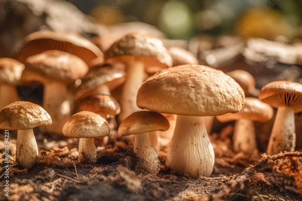 Organic porcini mushrooms growing on mushroom farm. Harvesting and sailing cultivated mushrooms. Natural mushroom production industry. Warm light. Close up. Generative ai Organic porcini mushrooms growing on mushroom farm. Harvesting and sailing cultivated mushrooms. Natural mushroom production industry. Warm light. Close up. Generative ai