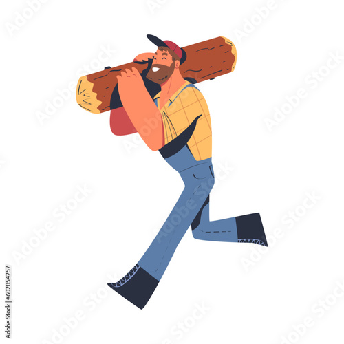 Bearded Man Logger or Lumberjack in Checkered Shirt Running with Log Vector Illustration