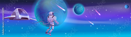 Vector space background with cartoon star planet and cosmonaut. Future galaxy universe landscape scene with spaceship and character in helmet looking on falling meteorite or comet rain concept