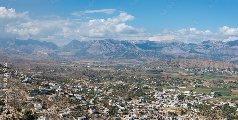 Stunning countryside panoramic view of the Balkan Albanian Mountains from Saranda, South Albania, on a sunny day