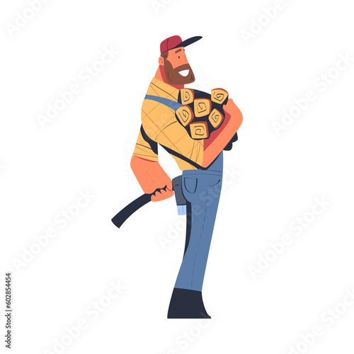 Bearded Man Logger or Lumberjack in Checkered Shirt Standing with Log and Axe Vector Illustration