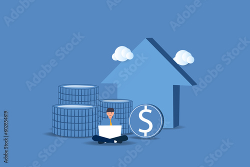 Financial success and growth concept, blue up arrow and coin stacks .vector illustration.