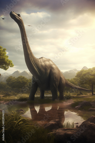 Majestic Giants of the Prehistoric World: A Realistic Illustration Showcasing the Brachiosaurus in an Enchanting Prehistoric Landscape AI generated