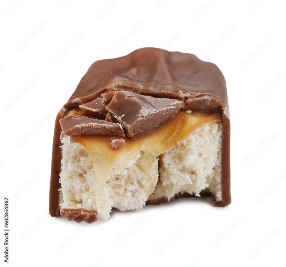 Piece of tasty chocolate bar with caramel isolated on white Piece of tasty chocolate bar with caramel isolated on white