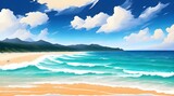 The illustration of the yellow-orange beach with the tropical blue sea and the waves behind the green mountain range against the blue sky and white clouds in the afternoon is relaxing. Generative AI