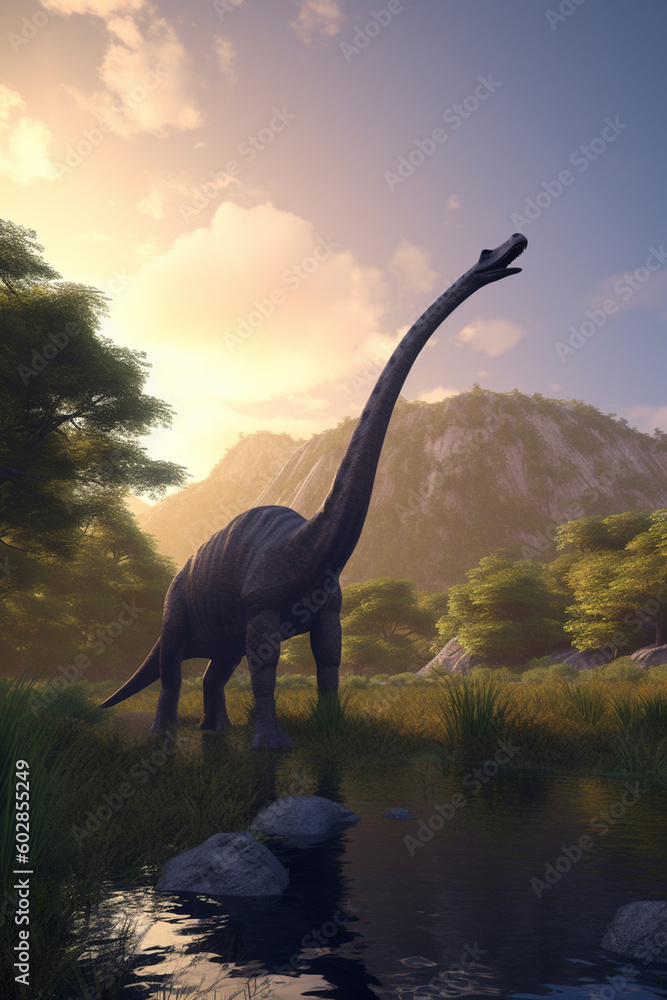 Fototapeta premium Majestic Giants of the Prehistoric World: A Realistic Illustration Showcasing the Brachiosaurus in an Enchanting Prehistoric Landscape AI generated