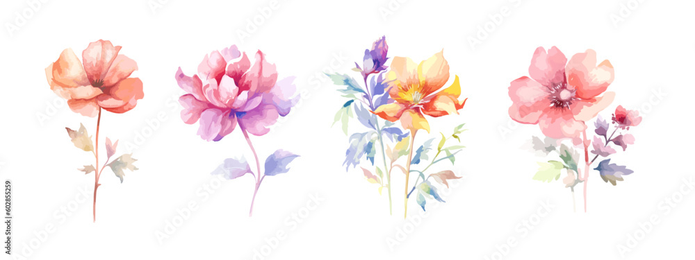 Set of watercolor leaves, hand painted floral elements isolated on a white background. watercolor arrangements with small flower. Botanical minimal style. 