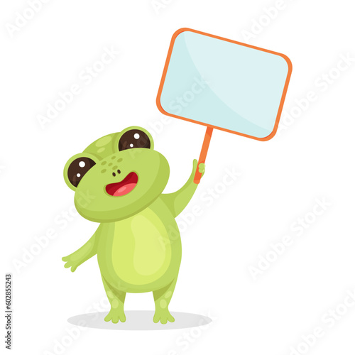 Cute cartoon humanized frog standing and holding a blank banner in his hands. Postcard in children's cartoon style. Vector illustration for designs, prints and patterns. Vector illustration