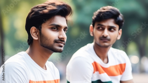 Two young male Indian wearing Indian Independence Day T-shirts. Concept of the national Indian holiday, Republic Day Generative AI