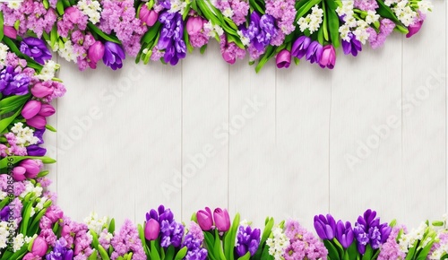 White wooden background with hyacinth flowers as borders from Generative AI
