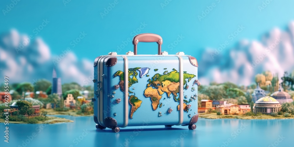 Suitcase with Earth on Blue Background, Travel Around the World Concept. Generative AI