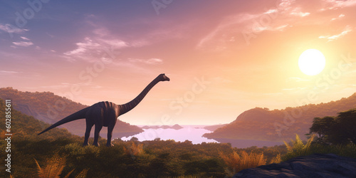 Majestic Giants of the Prehistoric World: A Realistic Illustration Showcasing the Brachiosaurus in an Enchanting Prehistoric Landscape AI generated © artefacti