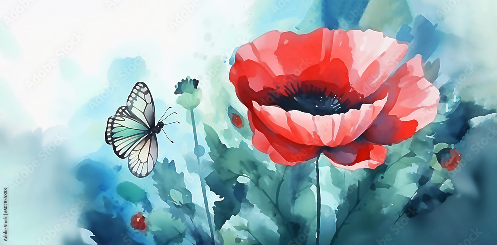 Abstract floral pattern with poppy flowers, flower background banner, Post processed AI generated image