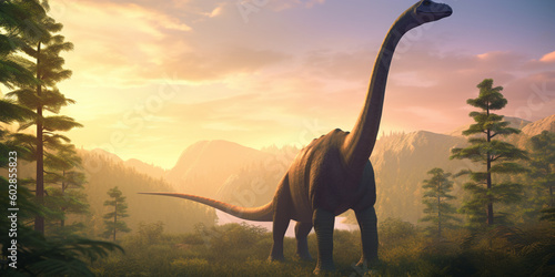 Majestic Giants of the Prehistoric World: A Realistic Illustration Showcasing the Brachiosaurus in an Enchanting Prehistoric Landscape AI generated