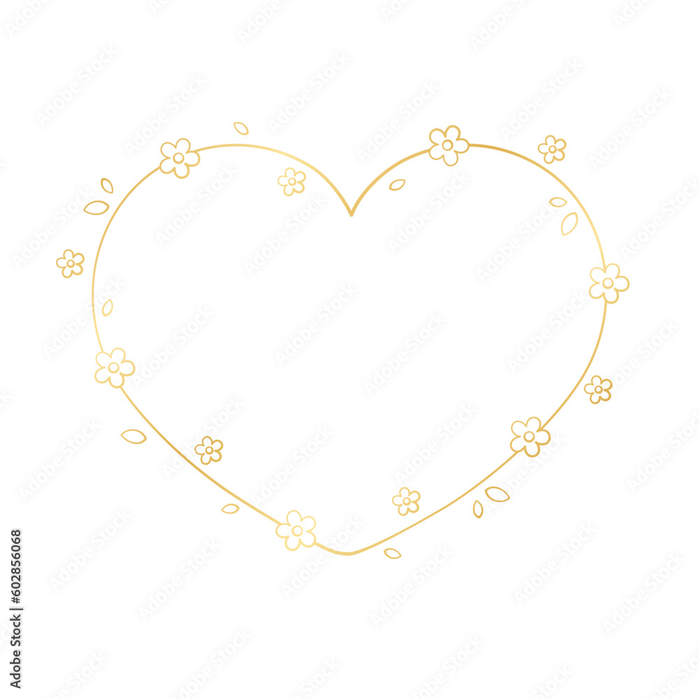Gold Heart Floral Frame Outline Doodle. Valentines Day, Spring border template, flourish design element for wedding, greeting card.