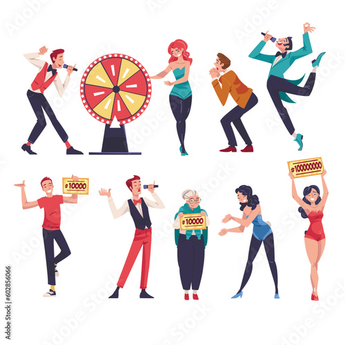 Happy People Character Cheering about Lottery Winning Gaining Lump Sum Vector Illustration Set