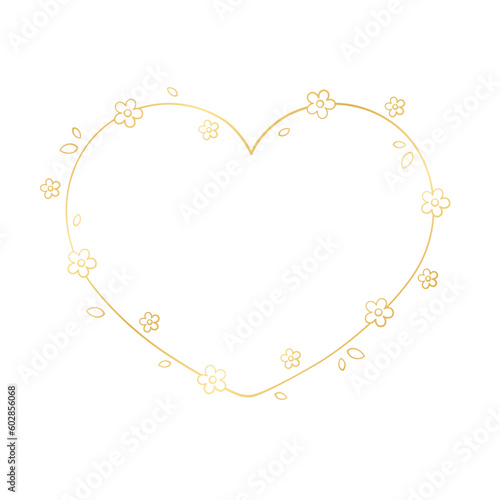 Gold Heart Floral Frame Outline Doodle. Valentines Day, Spring border template, flourish design element for wedding, greeting card.