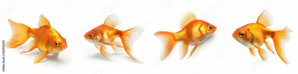 Animals gold fishes pets aquarium freshwater fish banner panorama long - Collection of goldfish (cyprinidae) swimming, isolated on white background, Generative Ai