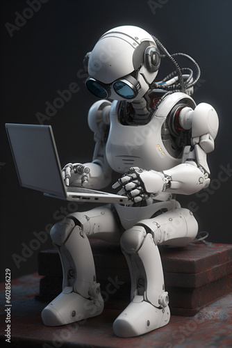 Toy robot types on laptop keyboard sitting on rust metal block AI generative image