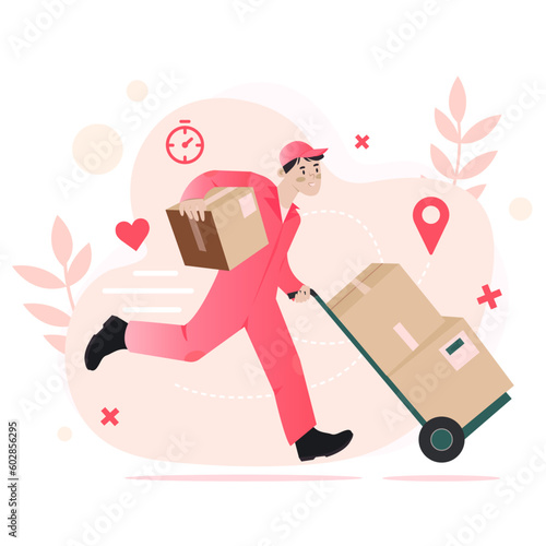 Delivery service , online order tracking, delivery home and office. Delivery man. Shipping. Man with a cart and parcels. Vector illustration