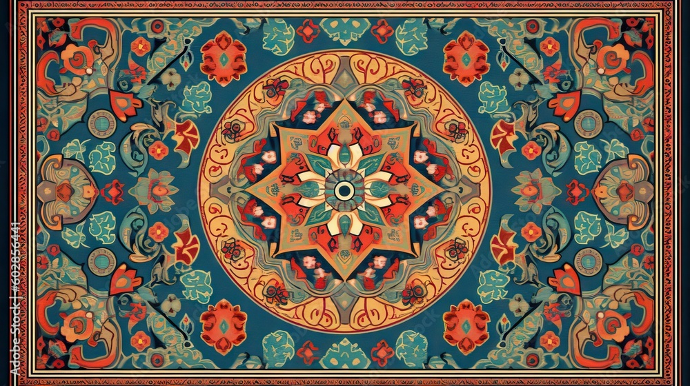Persian carpet design with classic figures and different fractal colors, showcasing traditional artistry, generative ai