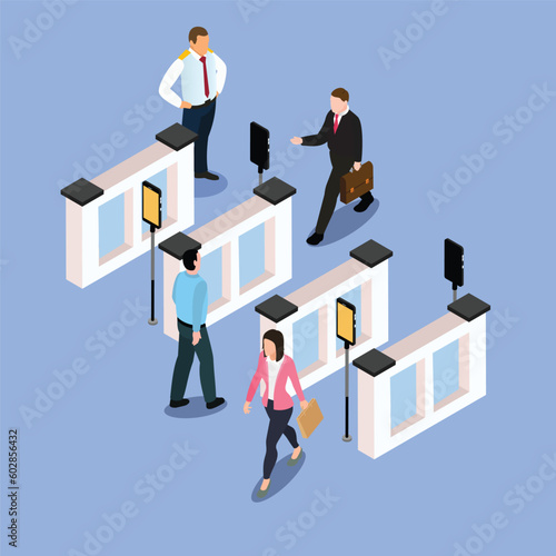 passengers with train tickets near automatic gate in metro isometric 3d vector illustration concept for banner, website, illustration, landing page, flyer, etc