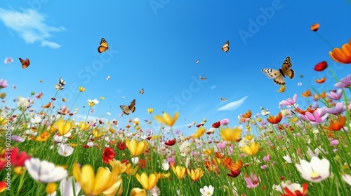 A colorful flower field  a mix of tulips  daisies  and other flowers in various shades  bees and butterflies flying around  a clear blue sky in the background  field of flowers  Generative AI