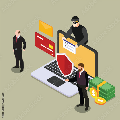 Hacker stealing password out of a laptop guarded by security guards isometric 3d vector illustration concept for banner, website, illustration, landing page, flyer, etc
