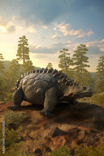 Guardian of the Prehistoric Realm: A Realistic Illustration Showcasing the Mighty Ankylosaurus in a Mesmerizing Prehistoric Landscape AI generated © artefacti