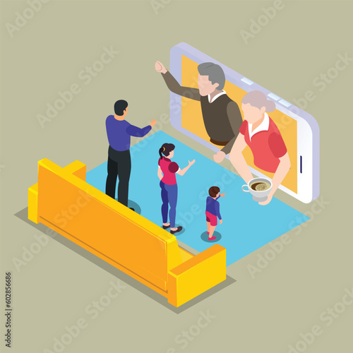 Online Video Conference Tool, Video Chat Mobile App, Family Call isometric 3d vector illustration concept for banner, website, illustration, landing page, flyer, etc