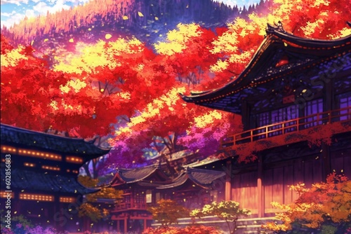 秋 紅葉 日本 京都 神社 自然 風景 イラスト 観光地