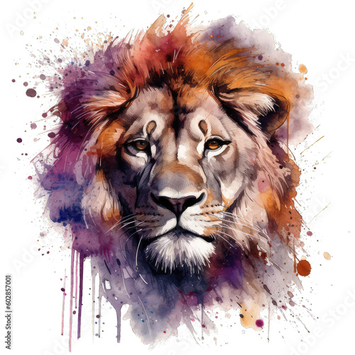 Watercolor portrait of a lion head in purple color tone and mood style. Watercolor paint and splash on paper. Generative AI