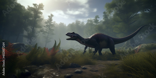 Roaming the Ancient Lands A Realistic Illustration Showcasing the Mighty Allosaurus in a Prehistoric Landscape AI generated