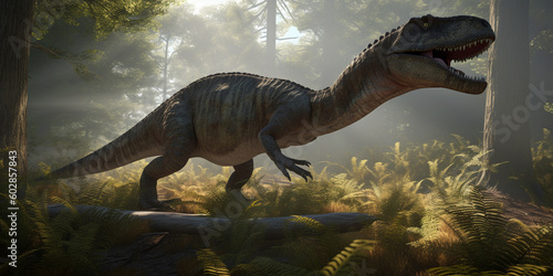 Roaming the Ancient Lands A Realistic Illustration Showcasing the Mighty Allosaurus in a Prehistoric Landscape AI generated