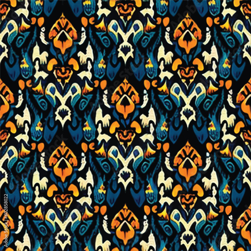 Abstract ethnic seamless pattern ornamental. Festive colorful background design, Folk print. ikat pattern