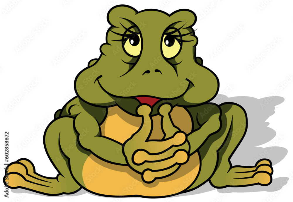 Obraz premium Front View of a Green Frog with a Yellow Belly Sitting on the Ground
