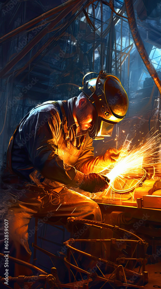 Welder at work on ship building, shipyard, heavy steel structures industry, ai generative Welder at work on ship building, shipyard, heavy steel structures industry, ai generative