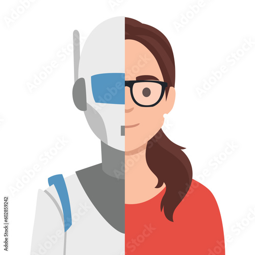 Profile portrait picture face of half robot half human. Woman cyborg and person on one photo. Artificial intelligence, futuristic virtual digital female model. Innovation. Flat vector illustration