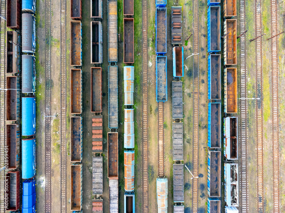 Aerial view landscape, view of train cars trains and tracks, cargo.