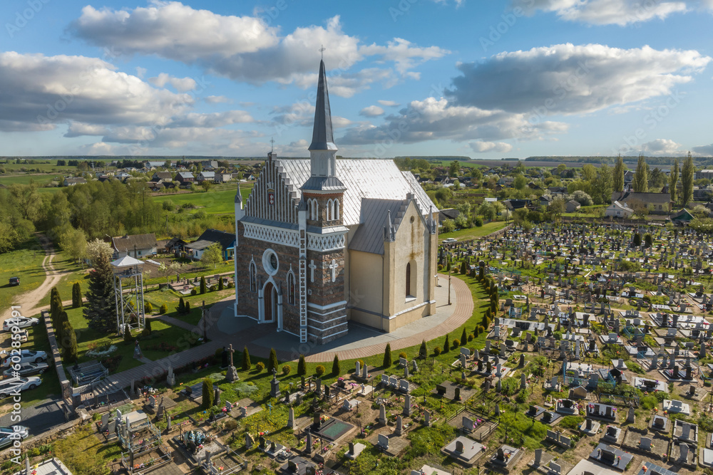 aerial view on neo gothic temple or catholic church in countryside