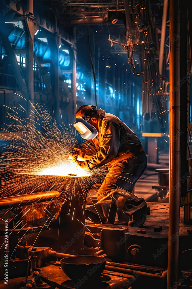Welder at work on ship building, shipyard, heavy steel structures industry, ai generative Welder at work on ship building, shipyard, heavy steel structures industry, ai generative