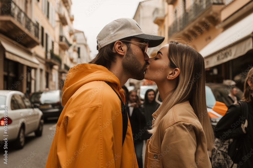 Stylish Couple Kissing in the Street on Vacation - Generative AI, Generative AI Stylish Couple Kissing in the Street on Vacation - Generative AI, Generative AI