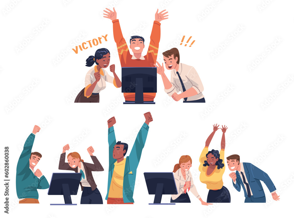 Lucky People Character Celebrating Success and Victory Looking at Computer Screen Vector Set