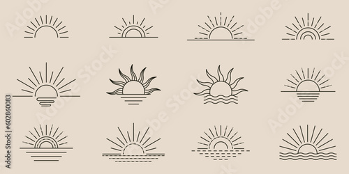 Boho sunburst logo, sun line art vector. Sunset sunrise stock vector logo design