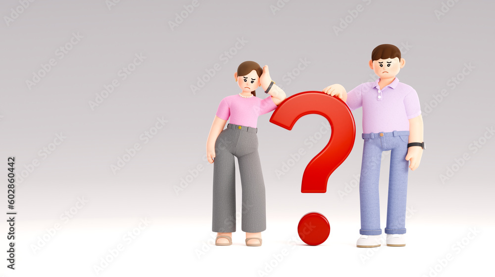 3D illustrations of young men and women leaning on question marks, facial expressions facing problems, and standing in a large space. 3D illustrations of young men and women leaning on question marks, facial expressions facing problems, and standing in a large space.