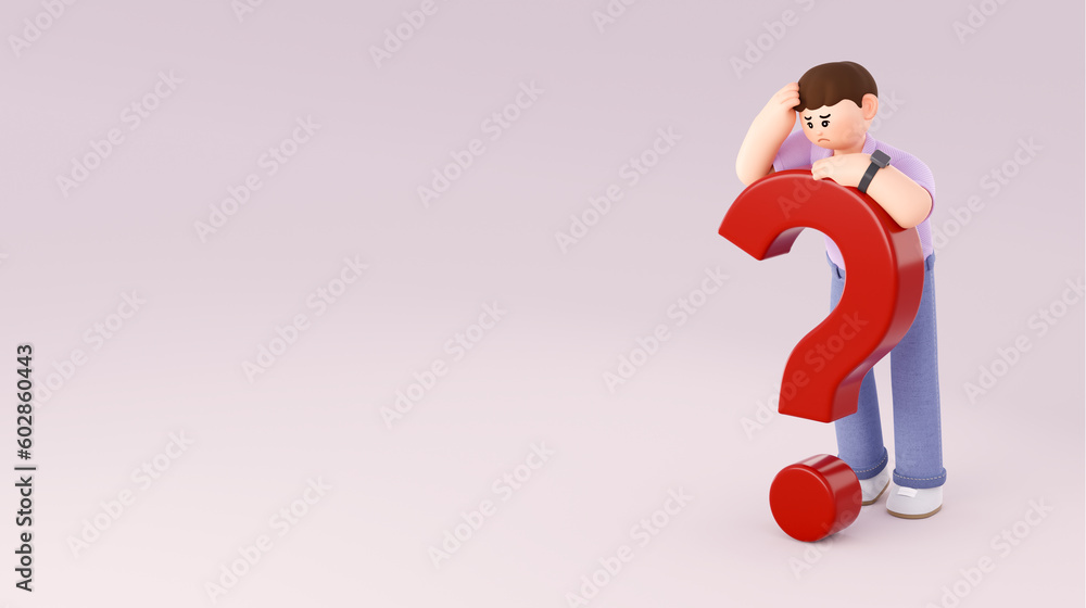 3D illustration of a young man leaning against a question mark, the face facing the problem, in a large space. 3D illustration of a young man leaning against a question mark, the face facing the problem, in a large space.