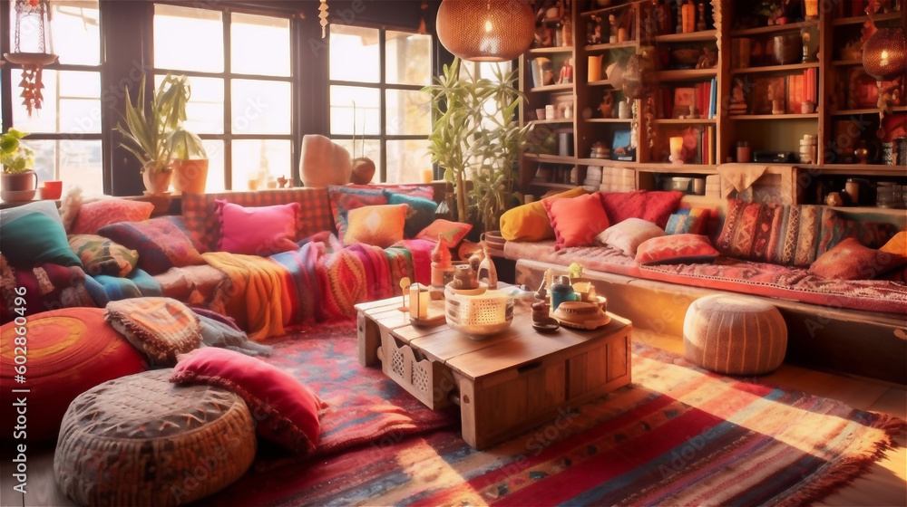Generative AI, Bohemian Oasis: A Colorful and Eclectic Living Room Generative AI, Bohemian Oasis: A Colorful and Eclectic Living Room