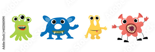 Cartoon monster collection. Crazy cute monsters different comic character. Set funny alien or bacteria or caries colorful vector isolated illustration. photo