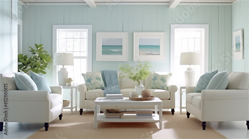 Generative AI, Seaside Serenity: Coastal Living Room Design © icehawk33